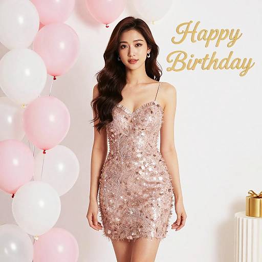 Woman in Pink Dress with Birthday Balloons