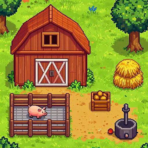 Pixel art of a red barn with white X doors, pig in fenced pen, hay bale, orange box, and water pump.