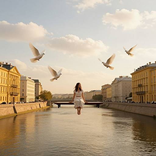Photograph of a woman in a white dress jumping over a river, surrounded by flying doves, with sunlit European buildings on either side.