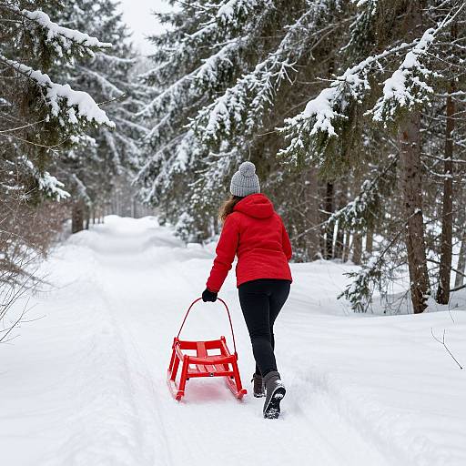 Photograph of a woman in a red jacket and gray beanie pulling a red sled through a snowy, snow-covered forest.