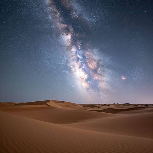 Photograph of a starry night sky with the Milky Way over rolling desert sand dunes, showcasing bright stars and celestial light.