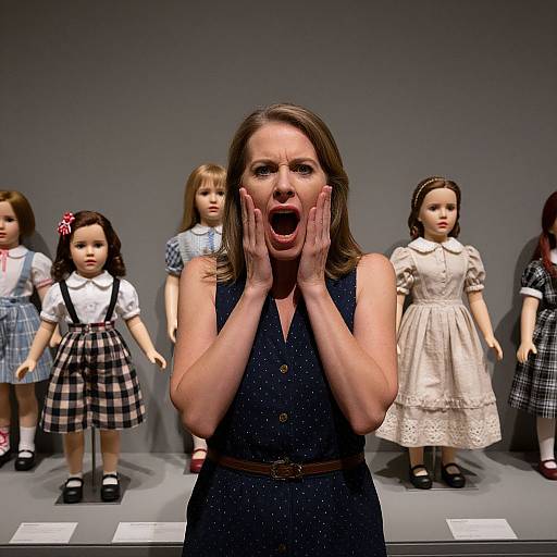 Photograph of a shocked woman with hands on cheeks, wearing a navy dress, standing in front of vintage dolls in plaid and lace dresses, against