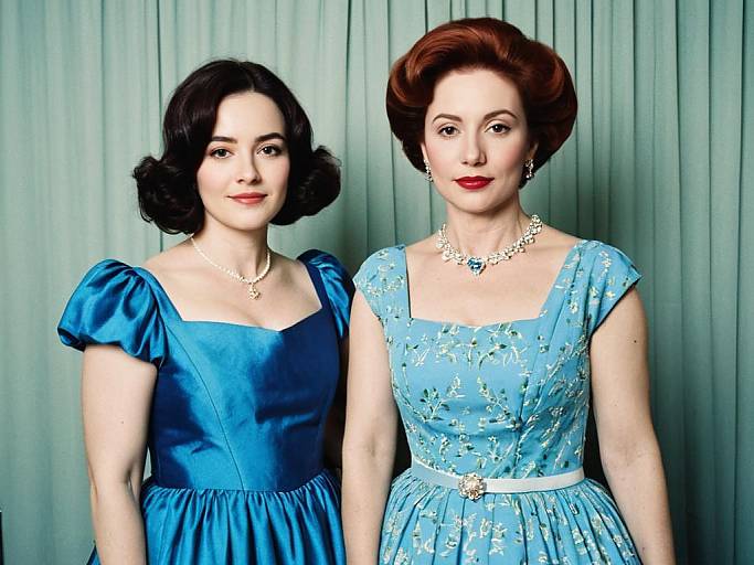 Photograph of two women in vintage dresses, one in bright blue with puffed sleeves, the other in light blue with floral lace, standing against a