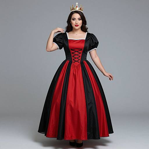 Photograph of a fair-skinned woman with dark hair, wearing a red and black ball gown with a corset, black puffed sleeves, and
