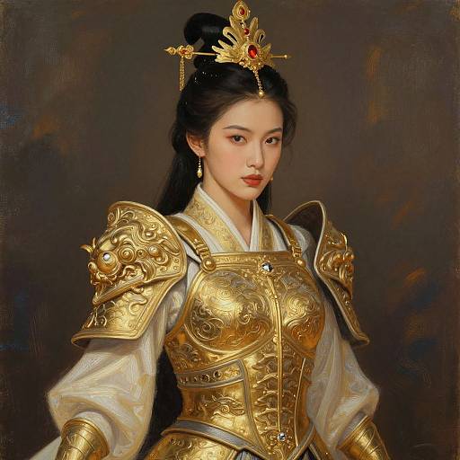Digital painting of an East Asian woman in ornate golden armor with intricate patterns, wearing a jeweled crown, against a dark background.