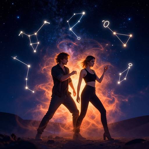 Silhouetted couple dancing in front of an orange flame, with a starry night sky and constellation overhead. (Photographic digital art)