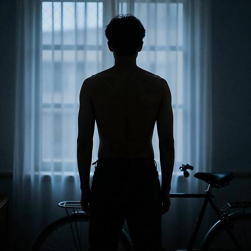 Silhouetted Shirtless Man by Blue Window