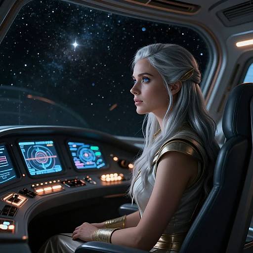 CGI image of a white-haired, blue-eyed woman in a gold, sci-fi outfit, sitting in a spaceship cockpit, gazing at a star