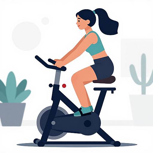 Digital illustration of a woman with black hair in a ponytail, wearing a teal sports bra and black shorts, riding a stationary bike, with a p