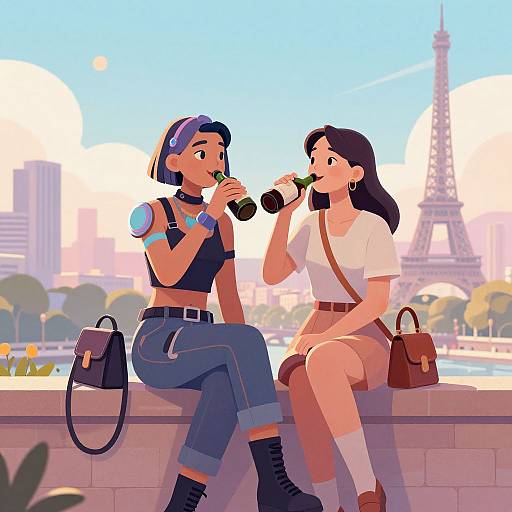 Digital illustration of two women, one in a black crop top and jeans, the other in a white dress, drinking in Paris. Eiffel Tower