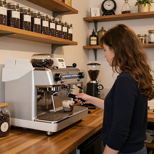 Photograph of a woman with long brown hair, wearing a black shirt, operating a silver espresso machine in a cozy coffee shop with wooden shelves filled with