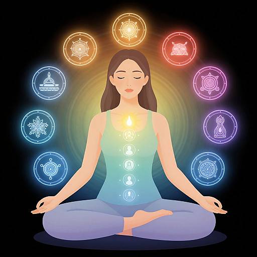 Woman Meditating with Chakras and Aura