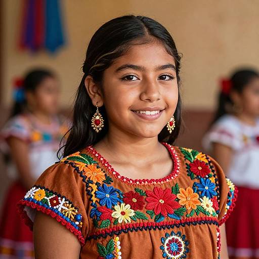Photograph of a smiling young girl with dark hair, wearing a brown dress with colorful embroidered flowers, and star-shaped earrings, standing indoors with blurred background