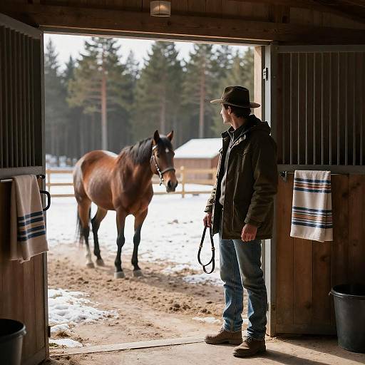Man in Brown Hat at Stable Entrance