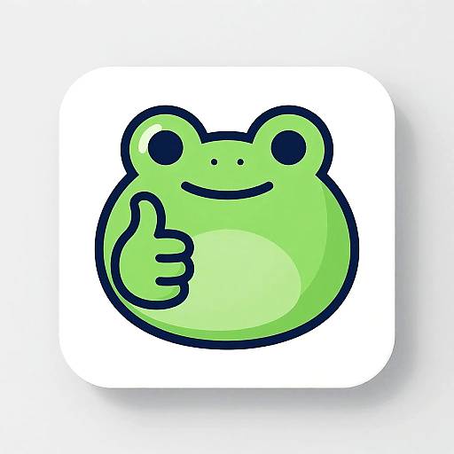 Cartoon green frog with a round body, black eyes, smiling mouth, and thumbs-up gesture, outlined in black, on a white square background.
