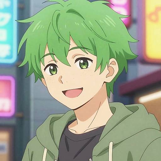 Digital anime-style drawing of a young boy with green hair, green eyes, and green hoodie, smiling in a brightly lit, neon-lit urban background