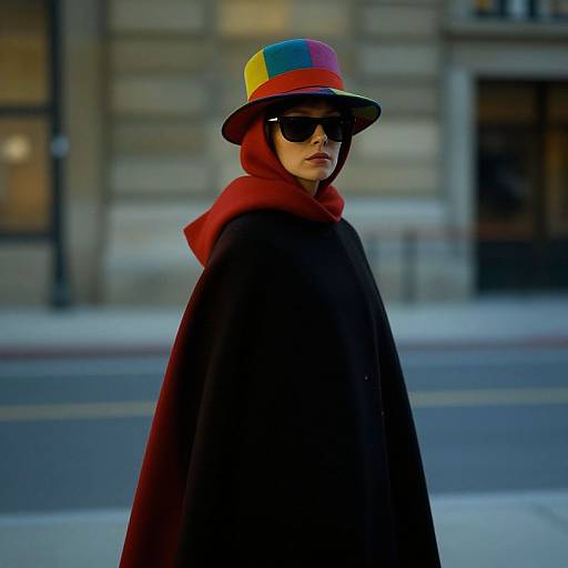 Photograph of a stylish woman wearing a red hood, black cloak, colorful hat, and dark sunglasses, standing on a city street.