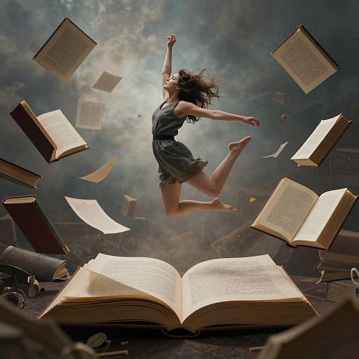Photograph of a woman in a gray dress joyfully jumping amid floating open books, with a large book and cloudy background.