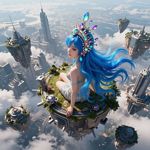Digital art of a blue-haired fairy queen with a colorful crown, sitting on a floating island amidst a cloud-filled cityscape.