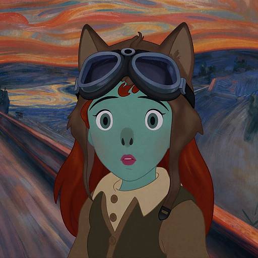 Digital art of a wide-eyed, teal-skinned anthropomorphic fox-girl with red hair, brown goggles, and a brown vest, set against a vibrant