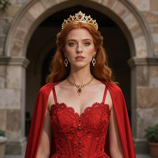 Red-haired Woman in Gold Tiara and Red Dress