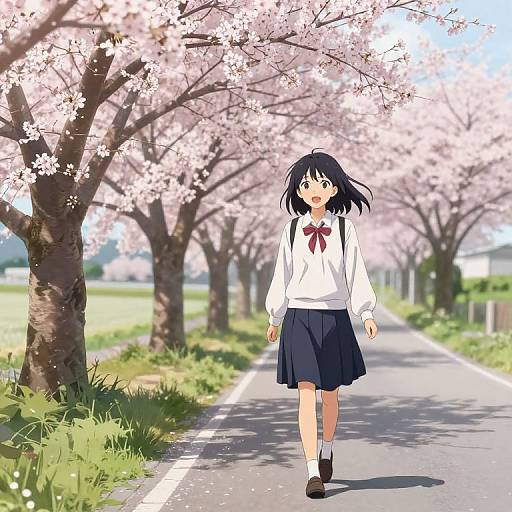 Anime-style digital drawing of a black-haired girl in a white blouse and navy skirt walking down a cherry blossom-lined path.
