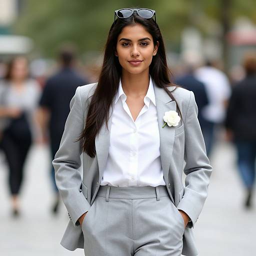 Photograph of a confident Indian woman with long dark hair, wearing a light gray suit, white shirt, and white flower pin, standing in a bustling