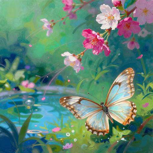 Digital painting of a vibrant blue and brown butterfly with outstretched wings, perched on pink and white cherry blossoms near a shimmering blue pond