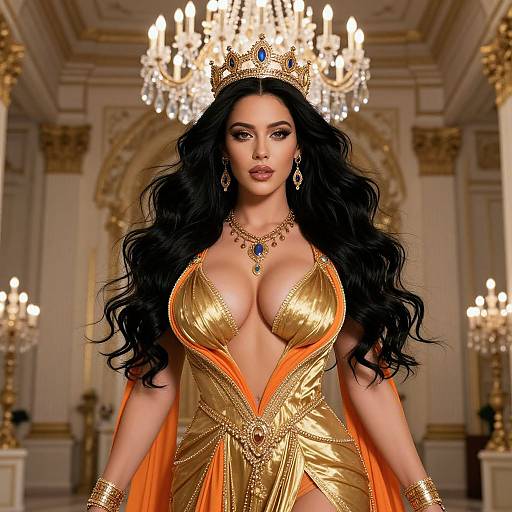 Digital artwork of a regal woman with long black hair, wearing a gold and orange revealing dress, crown, and jewelry, standing in an opulent
