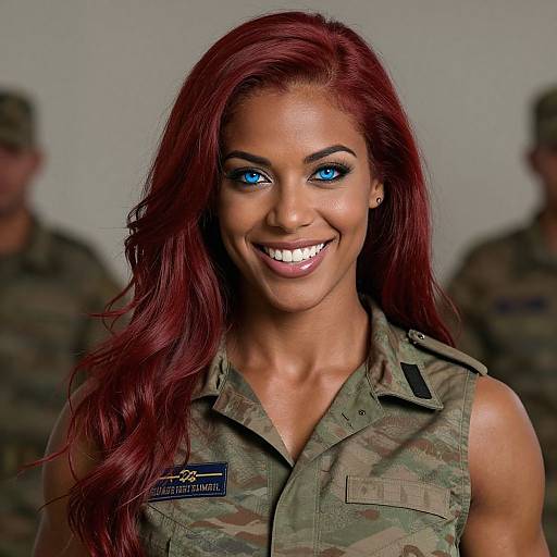 Photograph of a smiling woman with long red hair, bright blue eyes, and tan skin, wearing a camouflage military-style sleeveless shirt, with two