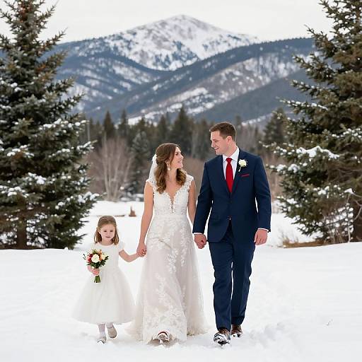 Photograph of a bride in a white lace dress, groom in a navy suit with red tie, and young flower girl holding a bouquet, walking through
