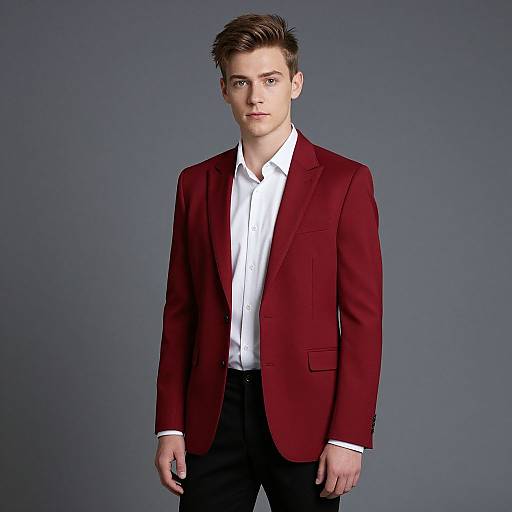Photograph of a young, fair-skinned man with short, dark brown hair, wearing a red blazer, white dress shirt, and black pants