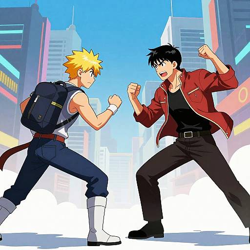 Digital anime-style drawing of two male characters fighting in a futuristic city. One has blond spiky hair, white tank top, blue jeans, and backpack