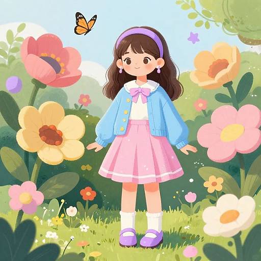 Digital illustration of a cute young girl with brown hair, wearing a blue cardigan, pink dress, and purple shoes, surrounded by colorful flowers and a