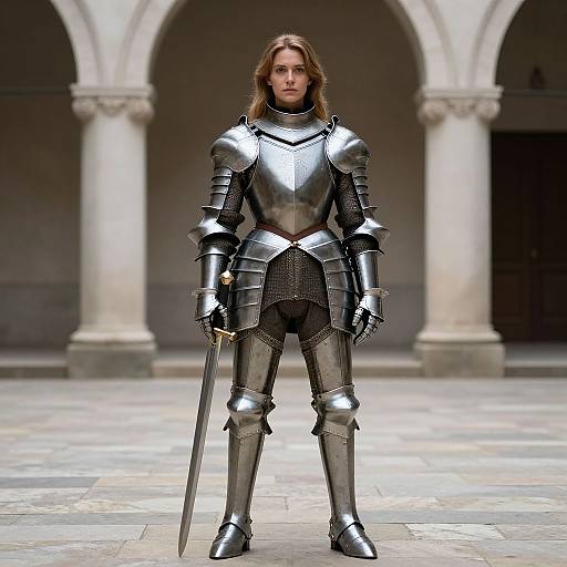 Photograph of a serious, long-haired man in shiny medieval silver armor, standing with a sword in a stone courtyard with white arches in the background