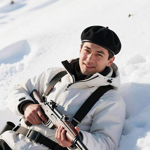 Man in White Winter Jacket Holding Rifle in Snow