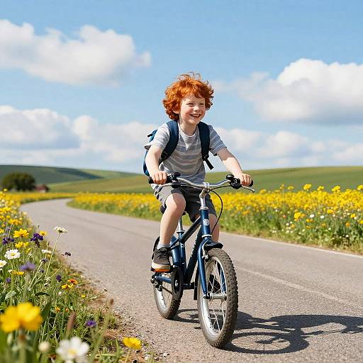 Photograph of a red-haired boy with curly hair, wearing a white shirt, gray shorts, and backpack, riding a blue bicycle on a sunny,