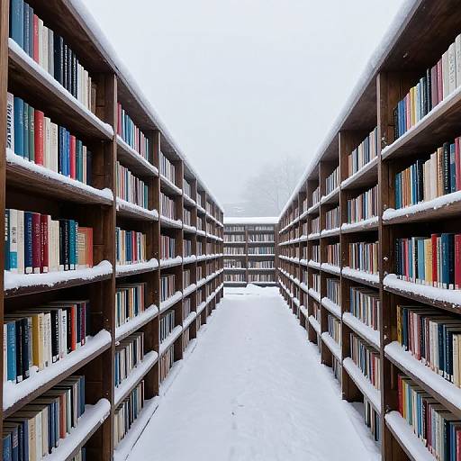 Photograph of a snowy library aisle with tall wooden bookshelves on both sides, filled with colorful, snow-dusted books.