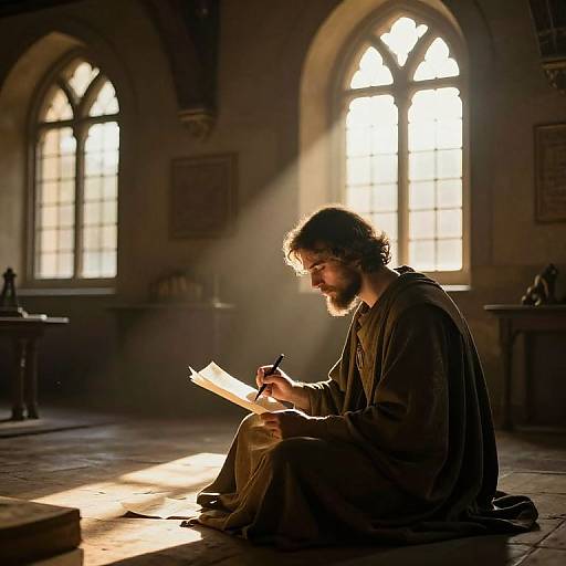 Photograph of a bearded man in a brown robe, sitting in a sunlit, medieval-style room with arched windows, writing by candlelight