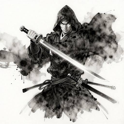 Dynamic Monochrome Samurai Ink Drawing