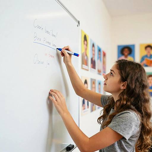 Photograph of a young woman with long, wavy brown hair, wearing a gray t-shirt, writing on a whiteboard with a blue pen in