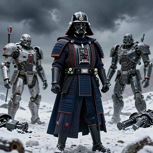 Photorealistic CGI: Darth Vader in traditional Japanese armor, standing in snowy battlefield with three robotic stormtroopers, dark clouds overhead.