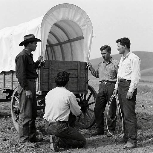 Serious Men by the Covered Wagon