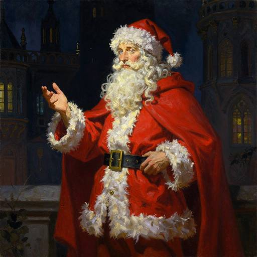 Digital painting of Santa Claus with a white beard, red cloak, and fur trim, gesturing with his right hand against a dark, Gothic-style building