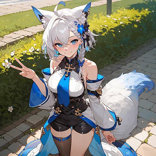 Anime Girl with Fox Ears and Tail in Park