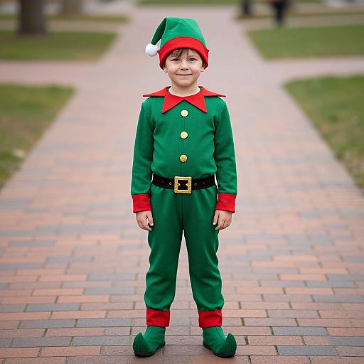 Photograph of a young boy in a green elf costume with red collar, gold buttons, black belt, green hat, and shoes, standing on a