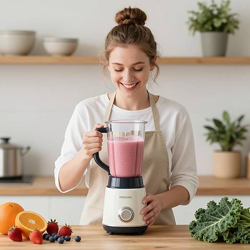 Photograph of smiling young woman with bun, white shirt, beige apron, blending pink smoothie in kitchen, with oranges, strawberries, blueberries