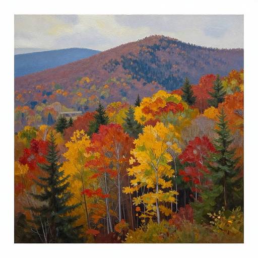 Vibrant autumn landscape photograph showcasing a hillside forest with colorful trees in red, orange, yellow, and green foliage against a blue-gray mountain backdrop