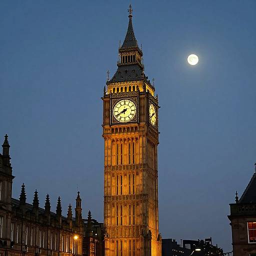 Photograph of Big Ben illuminated against a twilight blue sky with a full moon, showcasing its detailed clock face and ornate architecture.