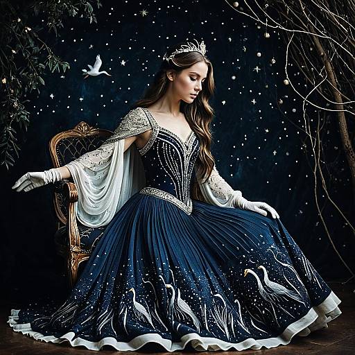 Photograph of a fair-skinned woman in a blue, star-embellished ball gown with white lace sleeves, crown, and gloves, seated